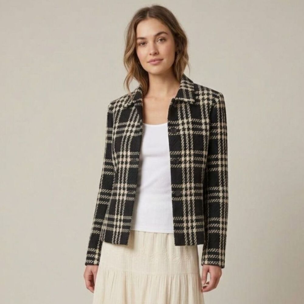 Vintage Villager Black Cream Plaid Tweed Blazer Jacket 8 Wool Blend Academia EUC
